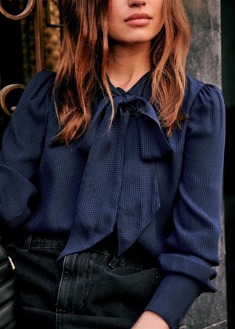 Navy Tie Neck Bow Blouse Sezane Paris Scalloped Shirt, Tomboy Chic, Jacquard Shirt, Velvet Blouses, Tie Neck Blouse, Bow Blouse, Printed Midi Skirt, Ribbed Dresses, Fall Collection