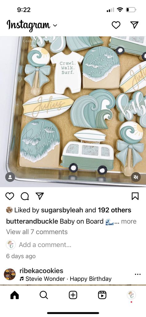 Baby On Board Cupcakes, Surf Board Cookies, Beach Baby Shower Cookies, Baby On Board Cookies, Surf Theme Baby Shower Boy, The Big One Cookies, Surfer Baby Shower Ideas, Surfer Baby Shower, Surf Birthday Party