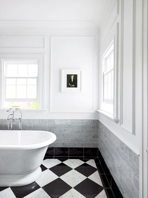 Greg Natale Bathroom, Black And White Bathroom Floor, Black And White Bathrooms, Checkerboard Tile, Belgian Farmhouse, French Country Bathrooms, Classic Bathrooms, Timeless Bathroom Design, Greg Natale