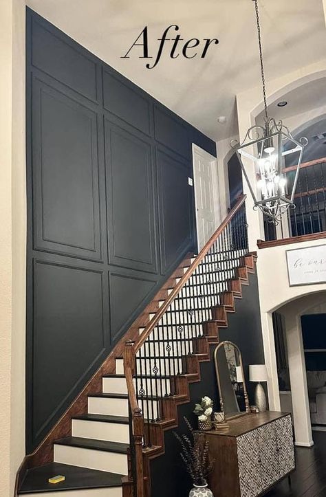 Tall Staircase Wall Ideas, Stair Accent Wall, Staircase Accent Wall, Stairwell Accent Wall, Stairway Walls, Stairway Wall, Dark Accent Walls, Entryway Stairs, Staircase Wall Decor