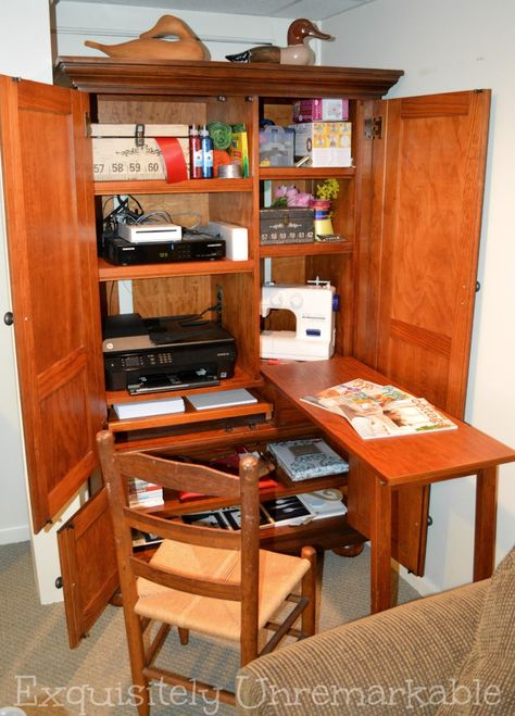 Office Armoire, Armoire Repurpose, Armoire Diy, Craft Armoire, Armoire Ikea, Craft Storage Cabinets, Armoire Makeover, Sewing Station, Craft Closet