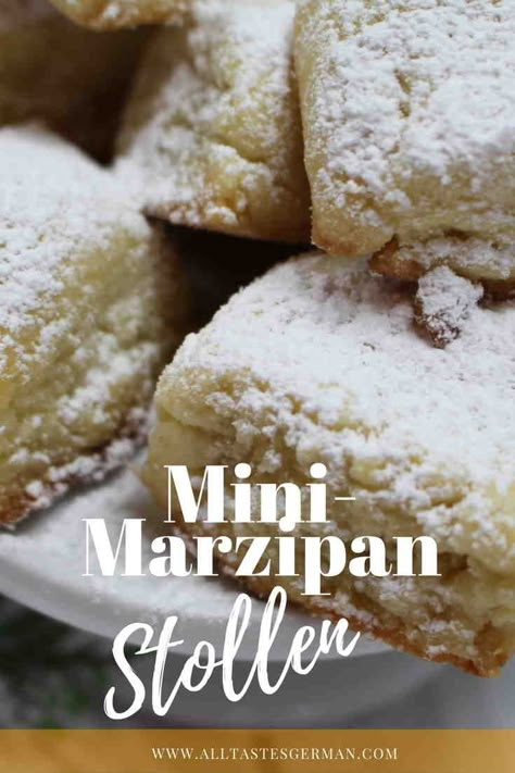 Stollen with Marzipan Filling - All Tastes German Stollen Cookies Recipe, Cookies With Marzipan, Recipes With Marzipan, Marzipan Recipe Desserts, Marzipan Cookies Christmas, Stollen Cookies, Marzipan Pastry, Marzipan Desserts, Marzipan Bars