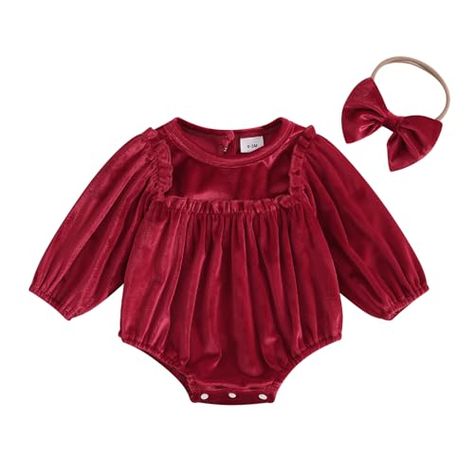 xkwyshop Infant Baby Girls Christmas Outfit Velvet Long Sleeve Romper Ruffle Bodysuit Jumpsuit Newborn Clothes Headband Toddler Jumpsuit, Christmas Romper, Newborn Clothes, Velvet Romper, Stylish Jumpsuit, Bodysuit Jumpsuit, Christmas Clothes, Velvet Clothes