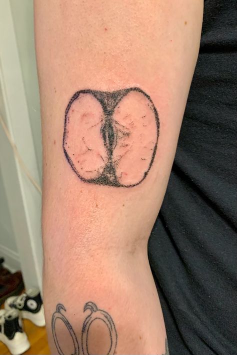 Bitten Apple Tattoo, Apple Core Tattoo, Clairo Tattoos, Apple Tattoo, Ab Tattoo, Piercing Inspo, Flash Sheet, Hand Poke, Body Modification