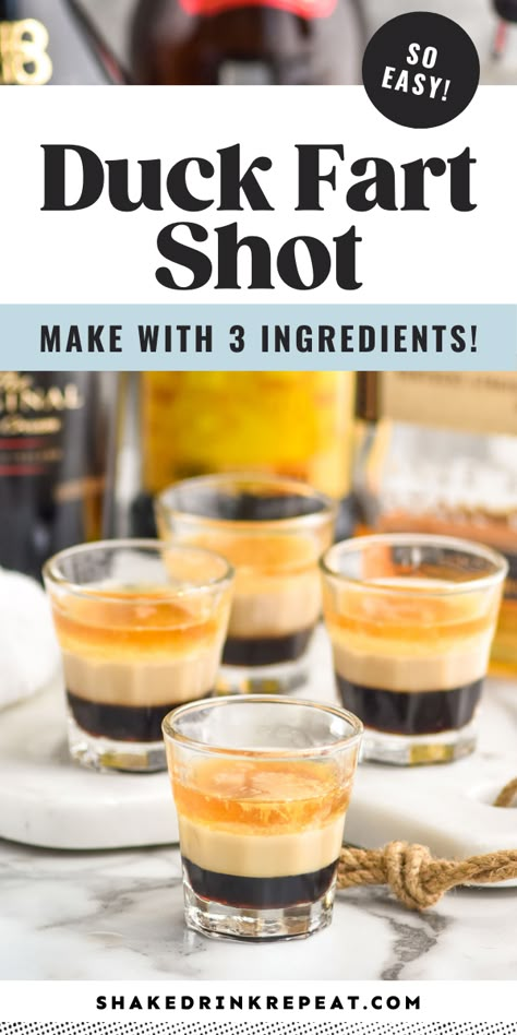 The Duck Fart Shot is a layered shot with flavors of creamy Baileys, Kahlua, and warm whiskey. Red Tea Shots Recipes, Easy Alcoholic Shots, Creamy Shots Alcohol, Whiskey Pudding Shots, Yummy Shots Recipes, Coffee Shots Alcohol, Shots For A Crowd, Camping Shots Alcohol, Breakfast Shots Alcohol