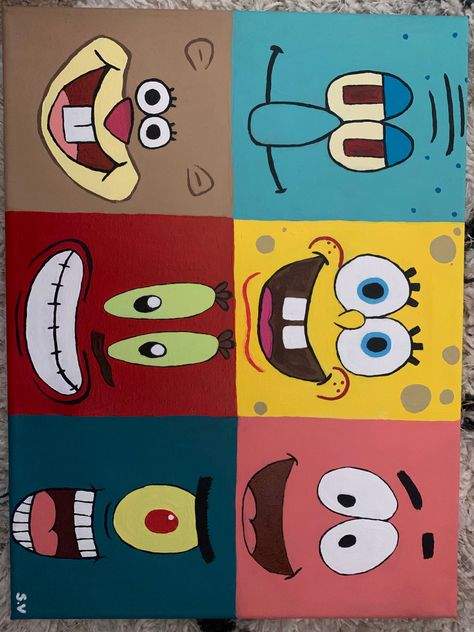 Easy Things To Paint On Canvases Disney, Cartoon Character Painting Ideas, Easy Spongebob Painting, Things To Draw On A Canvas, Cartoon Paintings Easy Canvas, Matching Painting Ideas, Easy Thing To Paint On Canvases, Spongebob Painting Ideas, Squidward Painting