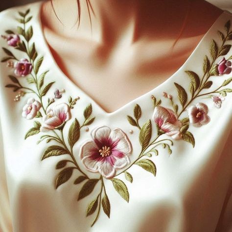 Embroidery Neckline, Hand Embroidery Patterns Free, Embroidery Fashion Detail, Flower Machine Embroidery Designs, Simple Hand Embroidery Patterns, Hand Embroidery Dress, 2024 Ideas, Machine Work, Floral Embroidery Patterns