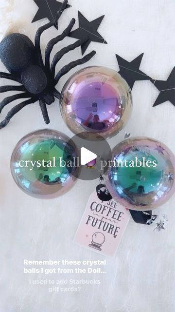 Andrea Clawson on Instagram: "Sharing some more crystal ball gift card printables 🔮   This giftcard idea was a hit and thought I would share a few more free printables for you all.   These crystal balls are a must buy from dollar tree! They are so cute to add a giftcard to or even some candy!   Save this idea + share with friends + follow for more easy ideas for busy moms.   #teachergifts #teachersofinstagram #elementaryteachers #halloweenideas #halloween #dollartreefinds #dollartreediy #halloweengiftideas #halloweeninspo #giftcardholder #teachersfollowteachers #teachersofig" Dollar Tree Crystal Ball Diy, Crystal Ball Diy, Globe Gift, Halloween Class Party, Dollar Tree Halloween, Dollar Tree Finds, Halloween Favors, Starbucks Gift Card, Crystal Balls