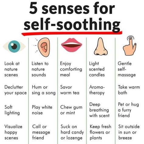 Self Soothe Techniques, Scene Friends, Self Soothing, Dbt Therapy, Self Defence Training, Brain Tricks, 5 Senses, Therapy Counseling, Hypnotherapy