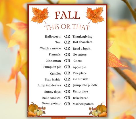 Fall This or That Game, Printable Autumn Party Game, Fall Time Activities for Adults & Kids, Fun Harvest Games, Halloween, Thanksgiving Game - Etsy Fall Icebreakers For Adults, Fall This Or That Template, Fall Icebreaker Games, Fall Senior Activities, This Or That Fall Edition, Halloween Activities For Seniors, Fall This Or That, October Activities For Seniors, Fall Games For Adults