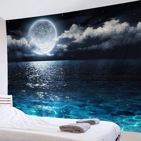 Dorms Decor, Ocean Tapestry, Moon Sea, Indie Decor, Tapestry Room, Fiber Wall Hanging, Tranquil Bedroom, Tapestry Nature, Wall Art For Bedroom