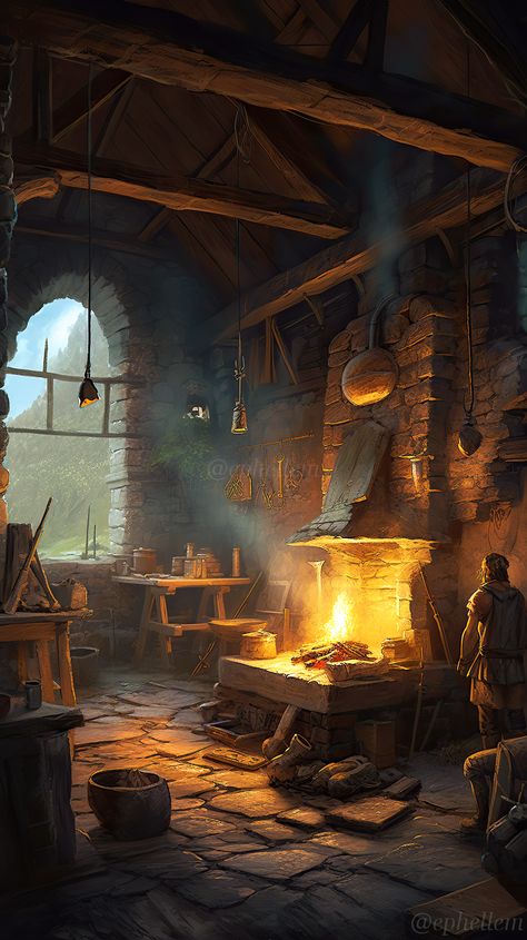 Armoury Room Fantasy Art, Fantasy Smithy Concept Art, Fantasy Forge Art, Blacksmith Workshop Concept Art, Blacksmith Forge Concept Art, Fantasy Workshop Concept Art, Dnd Backgrounds Art, Fantasy Forge Concept Art, Medieval Ceiling