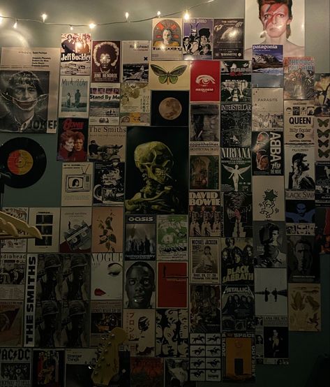 poster wall inspo, aesthetic posters, vintage posters Bedroom Covered In Posters, Band Poster Room Decor, 80s Room Posters, Messy Poster Wall, Poster Ideas Grunge, Room Filled With Posters, Alt Room Posters, Postered Room, Room Covered In Posters