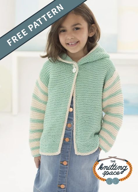 Make sure your little princess is all buttoned up with this Play Date Knit Hoodie to keep her warm and cozy on chilly days. With this cute and comfy kiddie hoodie, you won't have to worry about your darling getting cold during playtime outdoors. It's an easy level pattern, and beginners will love to work on it. | Discover over 4,500 free knitting patterns at theknittingspace.com Girls Sweater Knitting Pattern, Girls Cardigan Knitting Pattern Free, Free Childrens Knitting Patterns, Kids Sweater Pattern, Aran Knitting Patterns, Kids Knitting Patterns, Knitting Patterns Free Sweater, Knitted Jacket, Baby Knitting Patterns Free