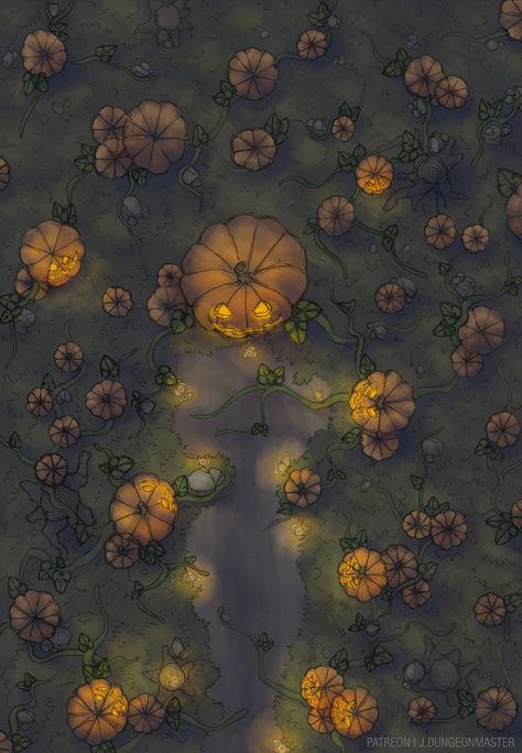 Hey there! Happy Spooky Month! =D This is last years Halloween battlemap, the Pumkin Patch #dnd #maps #battlemaps #halloween #dndmaps #roll20 #roll20maps #dungeonsanddragons #ttrpg #rpg #tabletop #fantasy #map #dungeon #dungeonmaps #encountermaps #battlemap #dndbattlemap #pathfinder #dndhomebrew #rpgmaps #ttrpgmap #dndhorror #dndmemes #dndhomebrew #dndcampaign #dndadventure #fantasy #fantasyart #fantasy #digitalpainting #digitalart #wotc #forgottenrealms #eberron #5e #5emaps #5ehomebrew Halloween Oneshot Dnd, Halloween Battlemap, Halloween Dnd, Environment Map, Cartography Map, Fantasy Map Making, Dnd World Map, Fantasy World Map, Tabletop Rpg Maps