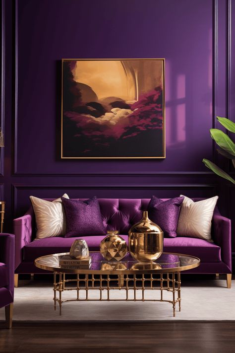 Gold Accents in a Luxurious Purple Living Room: Elegant Home Decor Inspiration Eclectic Light Fixtures, Navy Blue Furniture, Gold Couch, Purple Living Room, Gothic Wall Decor, Gold Bedroom Decor, Goth Room Decor, Gold Bedroom, Goth Decor