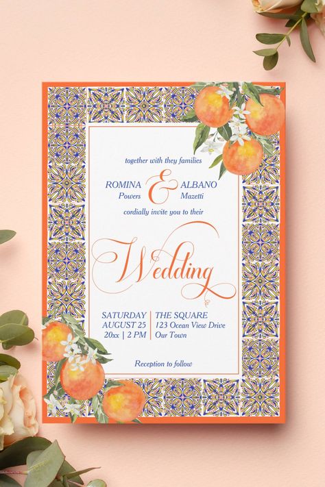 Orange citrus majolica Mediterranean tiles templat Invitation Orange Invitation, Mediterranean Tiles, Mediterranean Wedding, Summer Party Invitations, Matric Dance, Personalized Party Decor, Orange Citrus, Party Stationery, Wedding Invitation Card Template