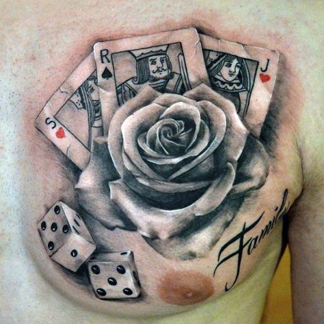 Mens Rose Flower Playing Card Chest Tattoo With Dice Cards Tattoo, Playing Card Tattoos, Dice Tattoo, Cool Playing Cards, Gambling Machines, Theme Tattoo, Gambling Cake, Gambling Tattoo, Gambling Humor