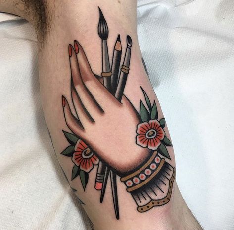 Hand Traditional Tattoo Design, Tattoo Of A Hand Traditional, Paintbrush Tattoo Traditional, Traditional Tattoo Of A Hand, American Traditional Thumb Tattoo, Traditional Paintbrush Tattoo, Traditional Tattoo Art Hand, Hand Holding Letter Tattoo, American Traditional Hand Holding Flower