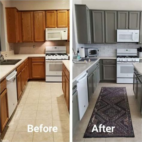 Benjamin Moore Chelsea Gray, Facelift Before And After, White Kitchen Appliances, Kitchen Facelift, Brown Kitchen Cabinets, Chelsea Gray, Small Kitchen Layouts, Paint White, Diy House Renovations