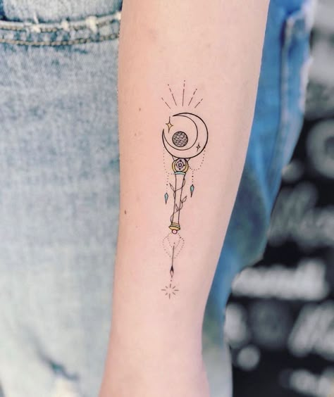 Moon Neck Tattoo, Stab Tattoo, Sailor Moon Wands, Sailor Moons, Wand Tattoo, Sailor Moon Tattoo, Moon Tattoos, Sister Tattoo, Moon Tattoo Designs