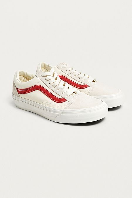 Vans Old Skool White and Red Trainers Vans Old Skool White, Vans Authentic Shoes, Womens White Trainers, Red Trainers, Red Vans, Dream Fashion, Vans Shop, Shoes Collection, Walking Boots