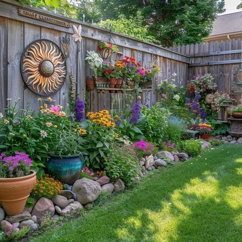 Fence Flower Beds, Backyard Fence Decor, Yard Plants, Plants Decor, Large Backyard, Garden Fountain, Garden Yard Ideas, Backyard Garden Design, Backyard Fences