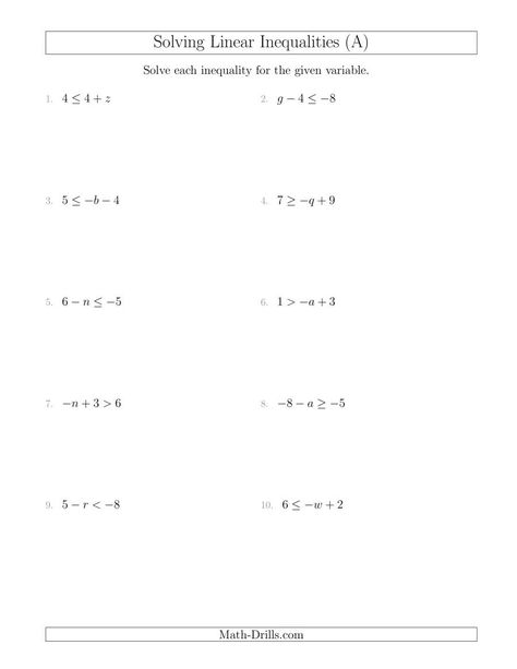 The Solving Linear Inequalities Including a Third Term (A) Math Worksheet from the Algebra Worksheets Page at Math-Drills.com. Inequalities Worksheet, Solving Inequalities, Linear Inequalities, Math Drills, Math Boards, Algebra Worksheets, Absolute Value, Basic Skills, Math Art