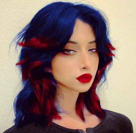 Summer Hair Color Ideas for Brunettes | Get the Look - Hair Color Highlights Blue Hair With Red Tips, Blue To Red Hair, Blue And Red Hair Color, Blue Red Hair, Red And Blue Hair, Blue And Red Hair, Red Hair Tips, Color Block Hair, Summer Hair Color Ideas