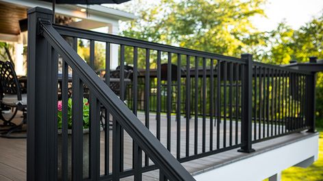 Metal Deck Railing Ideas, Black Deck Railing, Aluminum Porch Railing, Deck Railing Kits, Wood Deck Railing, Metal Deck Railing, Grey Deck, Pipe Railing, Aluminum Railing Deck