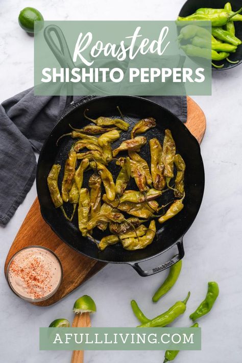 These Oven Roasted Shishito Peppers are so easy to prepare in the oven with just a cast iron skillet, a little salt, pepper and oil. These slightly sweet, savory and smoky peppers are the perfect easy to make appetizer or side dish of the summer. Serve with a variety of proteins. These peppers are ready in just minutes, super delicious, totally low carb, keto & gluten free! #AFullLiving #ShishitoPeppers #ShishitoPeppersRecipe #EasyShishitoPeppers #RoastedShishitoPeppers Shishito Peppers Air Fryer, Air Fried Shishito Peppers, Shishito Peppers Recipe Oven, How To Cook Shishito Peppers, Cooking Shishito Peppers, Roasted Shishito Peppers, Shishito Pepper Recipe, Cheeseburger Casserole, Bbq Shrimp