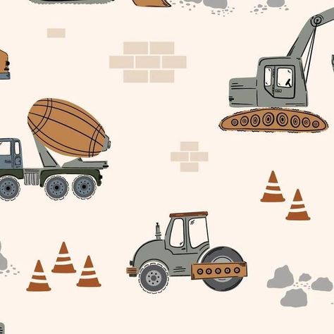 Ryann Scrafford on Instagram: "Construction Site 🚧 whose little kids are/were obsessed with all the construction trucks and machines?? 🙋🏻‍♀️ Jett could of sat and watched them for hours when he was little✨🦺  #Surfacepatterndesign #artlicensing #licensingartist #patterndesigner #illustratorsofinstagram #artistsofinstagram #artagent #seemlesspattern #textiledesign #wallpaperdesign #womeninart #freelanceartist #surfacepatterndesigner   Construction surface pattern design, art licensing, dump truck, bulldozer, excavator art" Digger Illustration, Construction Trucks, Car Prints, Construction For Kids, Cabinet Ideas, Boys Wallpaper, Kids Fabric, Comfort And Joy, Kids Art Prints