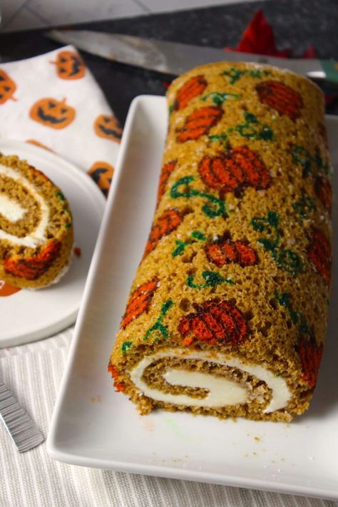 Pumpkin Swiss Roll With Cream Cheese Filling - The Squeaky Mixer Pumpkin Swiss Roll, Roll With Cream Cheese Filling, Pillsbury Sugar Cookies, Pumpkin Cream Cheese Pie, Pumpkin Whoopie Pies, Fun Baking, Cheese Pumpkin, Pumpkin Roll, Christmas Tree Cake