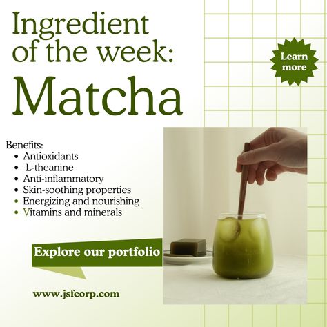 - [ ] 🍃 Ingredient of the Week: Japanese Matcha 🍃
This week, we’re highlighting Japanese Matcha Powder—a revered ingredient from Japan’s top matcha-growing region, packed with antioxidants and rich in chlorophyll and L-theanine. 
✨ Benefits:
* Powerful antioxidants combat free radicals
* Calming and focus-enhancing with L-theanine
* Anti-inflammatory and skin-soothing properties
* Energizing and nourishing from vitamins and minerals Calming Skincare, Health Drinks, Matcha Benefits, L Theanine, Boost Energy Naturally, Japanese Matcha, Holistic Beauty, Matcha Powder, Energy Boost