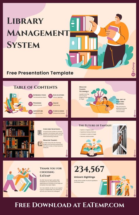 Library Management System PPT Presentation Template - Free PowerPoint Templates, Google Slides, Figma Deck And Resume Library Management System, Library Management, Best Presentation Templates, Ppt Template Design, Free Ppt Template, Book Presentation, Powerpoint Free, Education Templates, Library Aesthetic