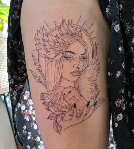 Bia Goddess Tattoo, Greek Goddess Art Drawing, Goddess Of Love Tattoo, Athena Tattoos, Greek Goddess Tattoo, Athena Tattoo, Greek God Tattoo, Goddess Design, Tattoo Number