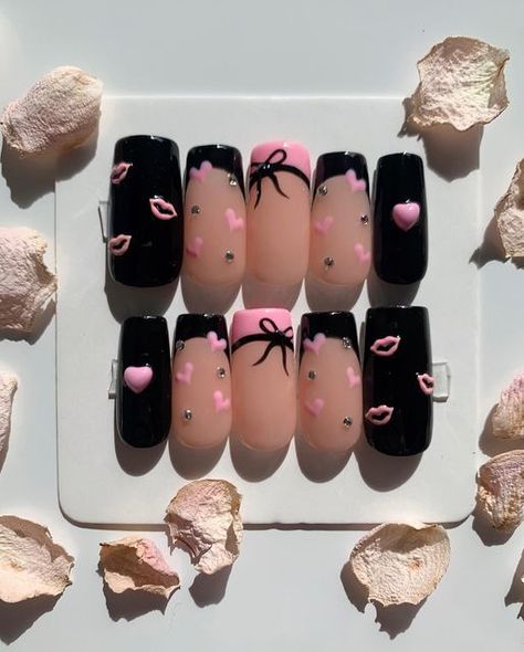 Black Vday Nails, Black And Light Pink Nails, Light Pink And Black Nails, Girls Nail Designs, Vday Nails, Light Pink Nails, Edgy Nails, Classic Nails, Pink Gem