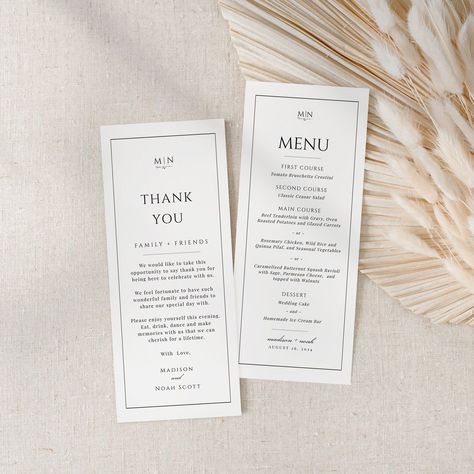 Classic Wedding Menu and Thank You Card, Thank You Napkin Note, Printable Dinner Menu, Monogram Wedding, Editable Template - EJ08 Wedding Thank You On Plate, Wedding Menu And Thank You Cards, Wedding Thank You Notes, Wedding Menu Card Design, Menu Ideas Wedding, Menu Cards Wedding, Wedding Thank You Cards Wording, Note Printable, Wedding Menu Template