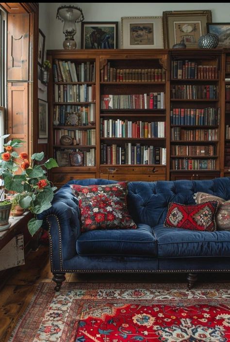 Moody Rooms, Lots Of Books, Blue Couch, Book Cases, Dark Decor, Home Library Design, Casa Vintage, Home Libraries, Boho Design