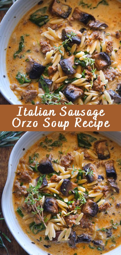 Italian Sausage Orzo Soup Recipe | Cheff Recipes Sausage Orzo Soup Recipes, Ground Sausage Soup, Italian Sausage Orzo Soup, Sausage Orzo Soup, Italian Sausage Orzo, Sausage Orzo, Orzo Spinach, Orzo Soup Recipes, Italian Soup Recipes