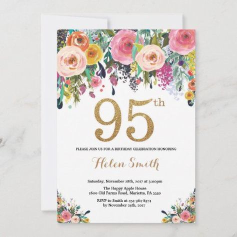 Floral 95th Birthday Invitation Gold Glitter for $2.75 - Birthday Invitations Surprise 30th Birthday, 13th Birthday Invitations, 90th Birthday Invitations, Birthday Invitation Pink, Surprise Birthday Invitations, 89th Birthday, Glitter Birthday Parties, 70th Birthday Invitations, 80th Birthday Invitations