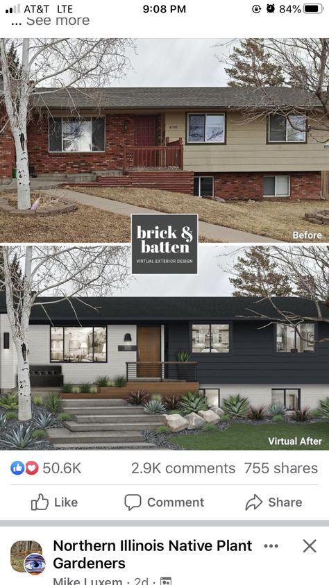 Two Tone Ranch House Exterior, 1960s House Exterior Makeover, 1970s Home Remodel Exterior, Split Level House Exterior Color Schemes, 1970s Exterior Remodel, Brick And Vinyl Exterior Makeover, House Flips, Trilevel Exterior Update, Tri Level Remodel Exterior