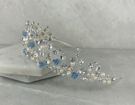 Powder Blue Flower Pearl & Crystal Wedding Crown Light Blue - Etsy Simple Flower Wedding Dress, Light Blue Wedding Jewelry, Blue And Silver Quinceanera Ideas, Light Blue Quinceanera Decorations, Blue And Silver Quinceanera, Light Blue Tiara, Quinceanera Dresses Light Blue, Light Blue Quinceanera Theme, Light Blue Birthday