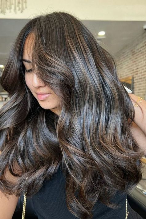 Shiny And Bouncy Dark Chocolate Brown Hair Brown Balayage Chocolate, Hair Color Dark Chocolate, Sandy Brunette, Ashy Brunette Hair, Chocolate Brown Hair Ideas, Ashy Brunette, Brunette Haircut, Brunette Hair Ideas, Dark Chocolate Brown Hair