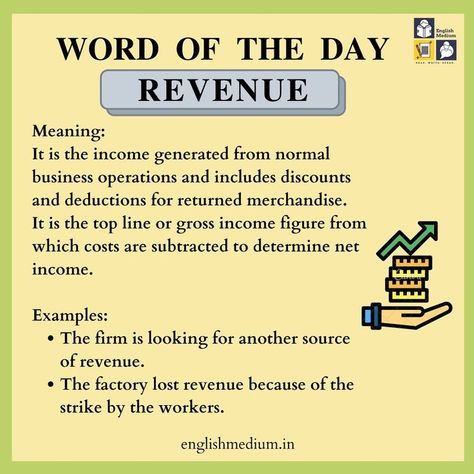 #FinanceVocabularyWithEnglishMedium 🤑 In accounting, revenue is the income that a busi… | Learn accounting, English vocabulary words learning, Accounting education Economics Quotes, Economics Vocabulary, Principles Of Accounting, Accounting Terms, Accounting Equation, Accounting Concepts, Learn Economics, Accounting Notes, Basic Accounting