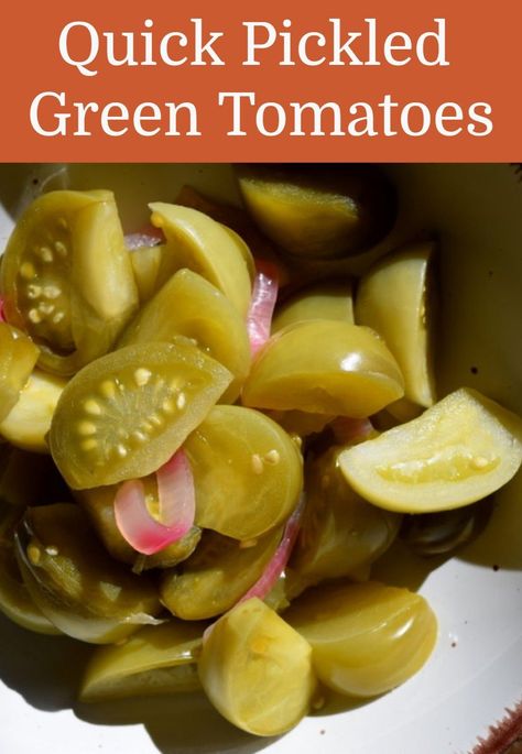 Don't let those unripe green tomatoes go to waste. They can be eaten in so many ways. This quick pickled green tomatoes recipe is one of the best. Marinated Green Tomatoes, Quick Pickled Green Tomatoes, Canning Pickled Green Tomatoes, Pickled Tomatoes Green, Pickle Green Tomatoes Recipe, Sweet Pickled Green Tomatoes, Pickled Green Tomatoes Recipe Easy, Pickled Green Cherry Tomatoes Recipe, Canned Green Tomatoes