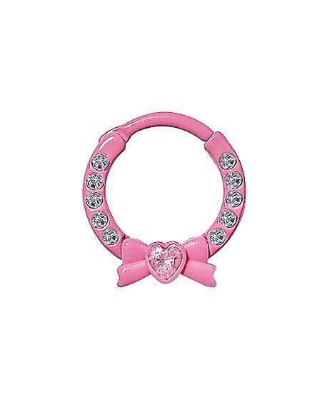 CZ Pink Heart Bow Septum Rings - 16 Gauge - Spencer's Heart Gauges Aesthetic, Bow Nose Piercing, Heart Septum Ring, Pink Septum Piercing, Pink Septum, Cute Septum Rings, Stretched Septum, Ear Curation, Piercings Jewelry