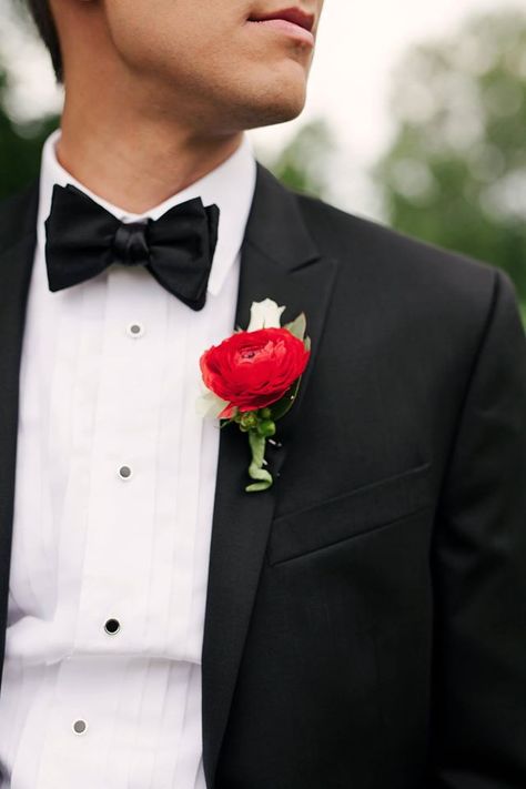 Red White Black Wedding Grooms Boutonniere Red Ranunculus Rose Tuxedo Bow Tie Fall Summer Wedding Cream Colored Suit, Spring Groom, Floral Menswear, Groom Trends, Fall Michigan, Fall Groom, Red Ranunculus, Greenhouse Venue, Grooms Boutonniere