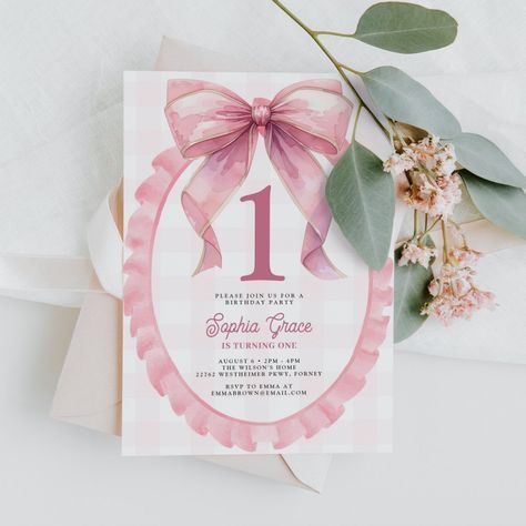 Cute Pink Bow Coquette 1st Birthday Invitation Vintage First Birthday, Bow Invitation, Baby Print Art, Bow Coquette, Happy Birthday Daughter, Baby Print, 1st Birthday Invitation, Simple Birthday, Birthday Invites