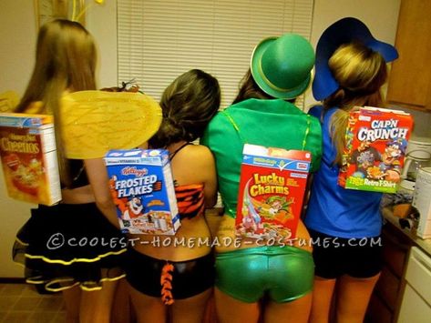 Sexy Cereal Box Characters Group Costume Lucky Charms Costume Diy, Tony The Tiger Costume, Cereal Costume, Creative Group Costumes, Lucky The Leprechaun, Box Character, Couple Halloween Costume, Characters Costumes, Captain Crunch